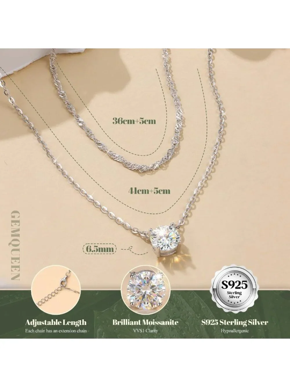 Stunning Moissanite Layered Necklaces, 925 Sterling Silver, 1-2CT Sparkle
